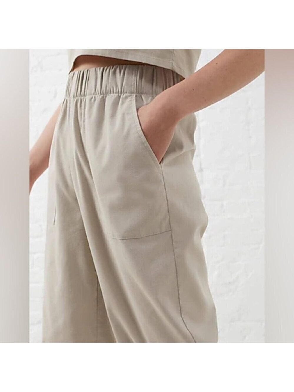 Etam Khaki Wide Leg Pull On Twill Pants Size M (fits like a S)